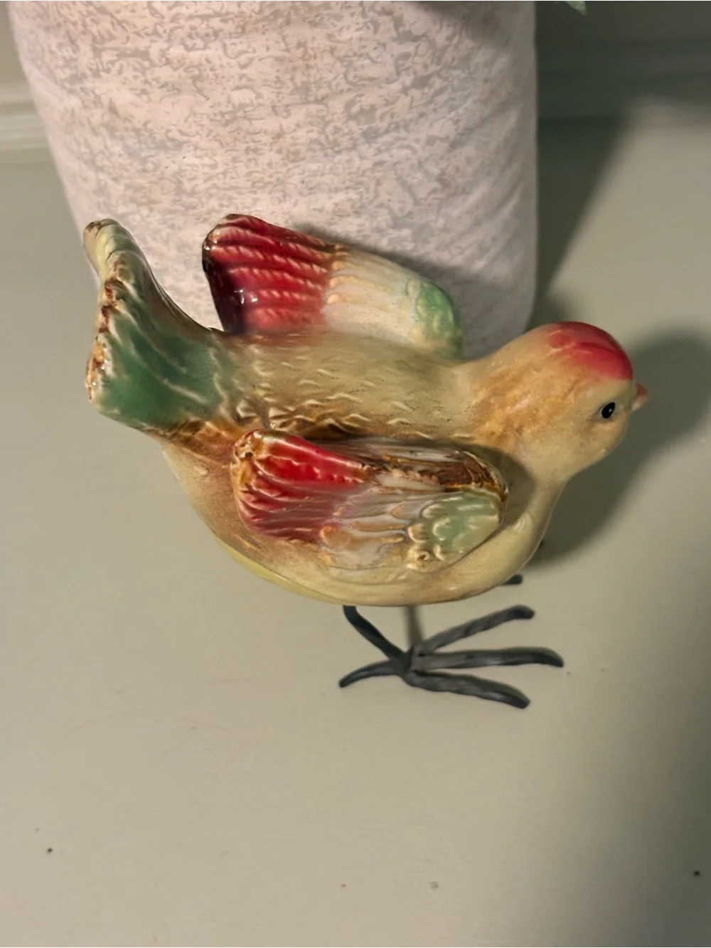 Vintage Glazed Ceramic Bird Figurine With Thin Metal Wire Legs